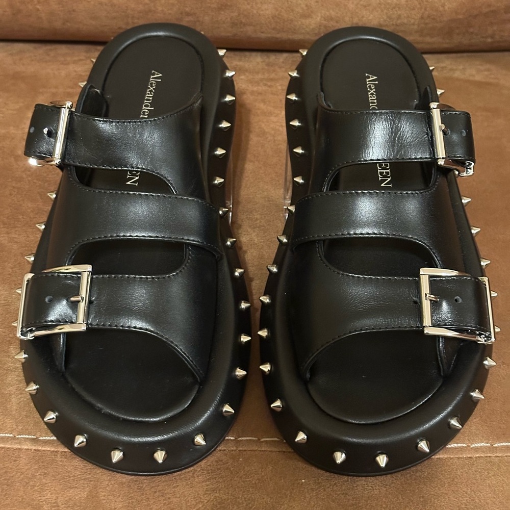 Alexander McQueen Black Sandals Swift with Buckle and Spikes